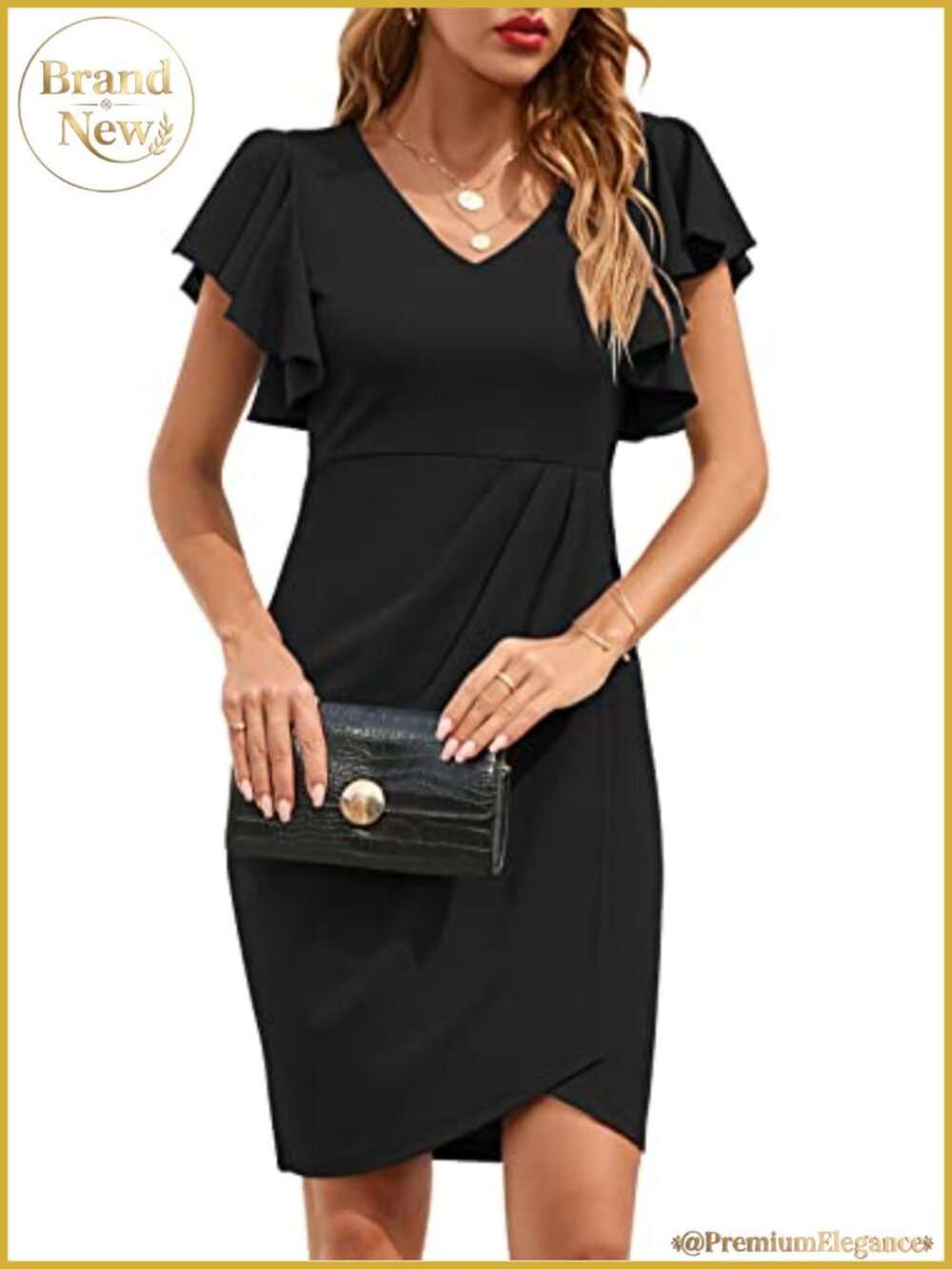 V Neck Ruffle Sleeve Bodycon Sheath Wrap Ruched Cocktail Party Work Dress